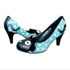T.U.K. TUK Blue Floral Antipop Kitty Heels Size 5 Blue Black Cat